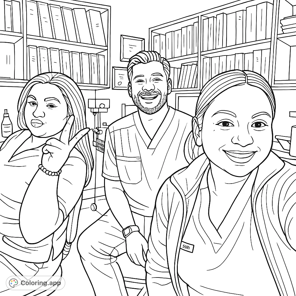 A heartwarming healthcare team selfie coloring page featuring three smiling professionals in scrubs, ready for vibrant colors. Perfect for appreciation!