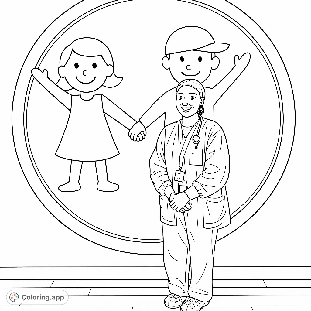 A heartwarming healthcare worker coloring page featuring a smiling professional with a stethoscope, standing before a circular emblem of two happy children holding hands. Free printable.