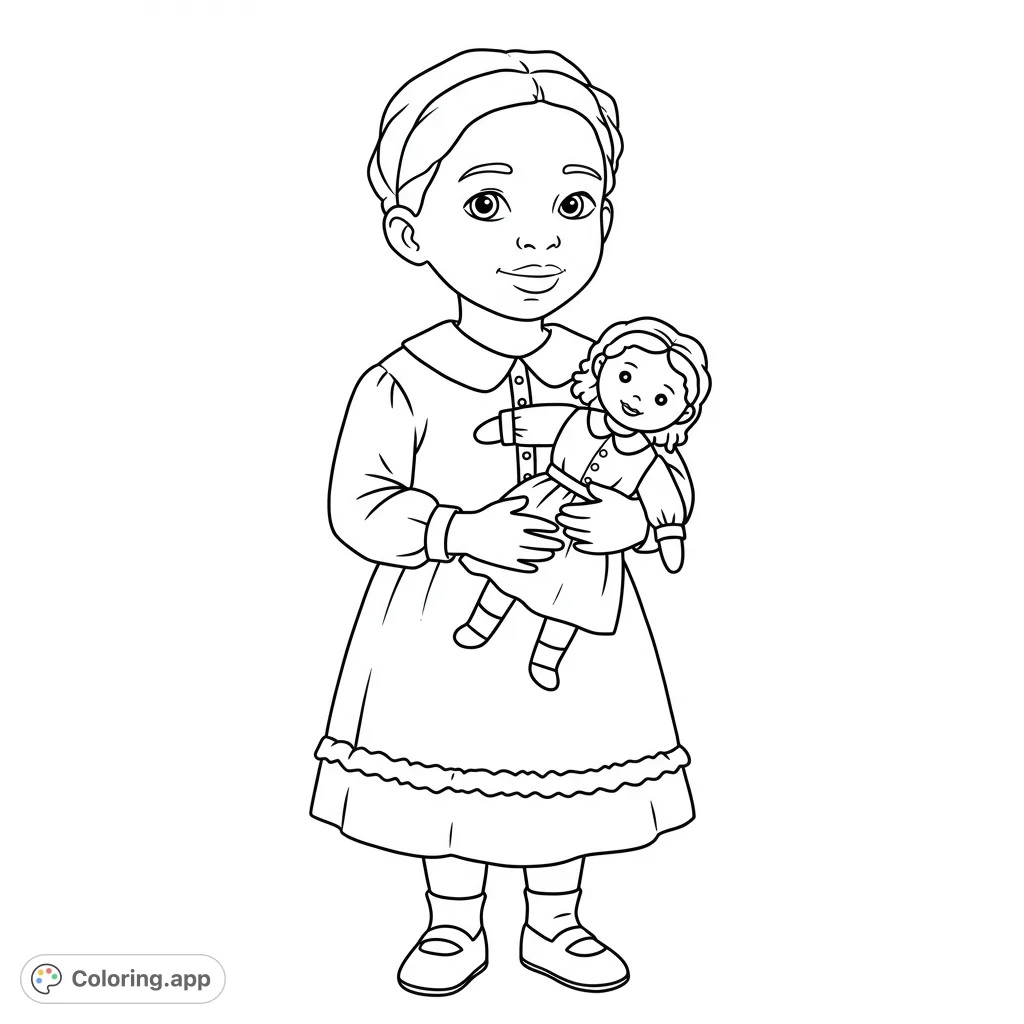 A charming girl holds her beloved doll in this sweet, free printable coloring page, perfect for imaginative play and creative expression.
