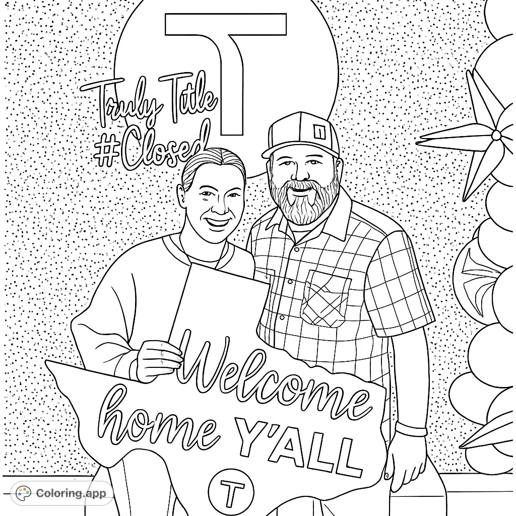 A cheerful couple holds a Texas-shaped sign, welcoming everyone home. A free printable welcome home coloring page for all ages.