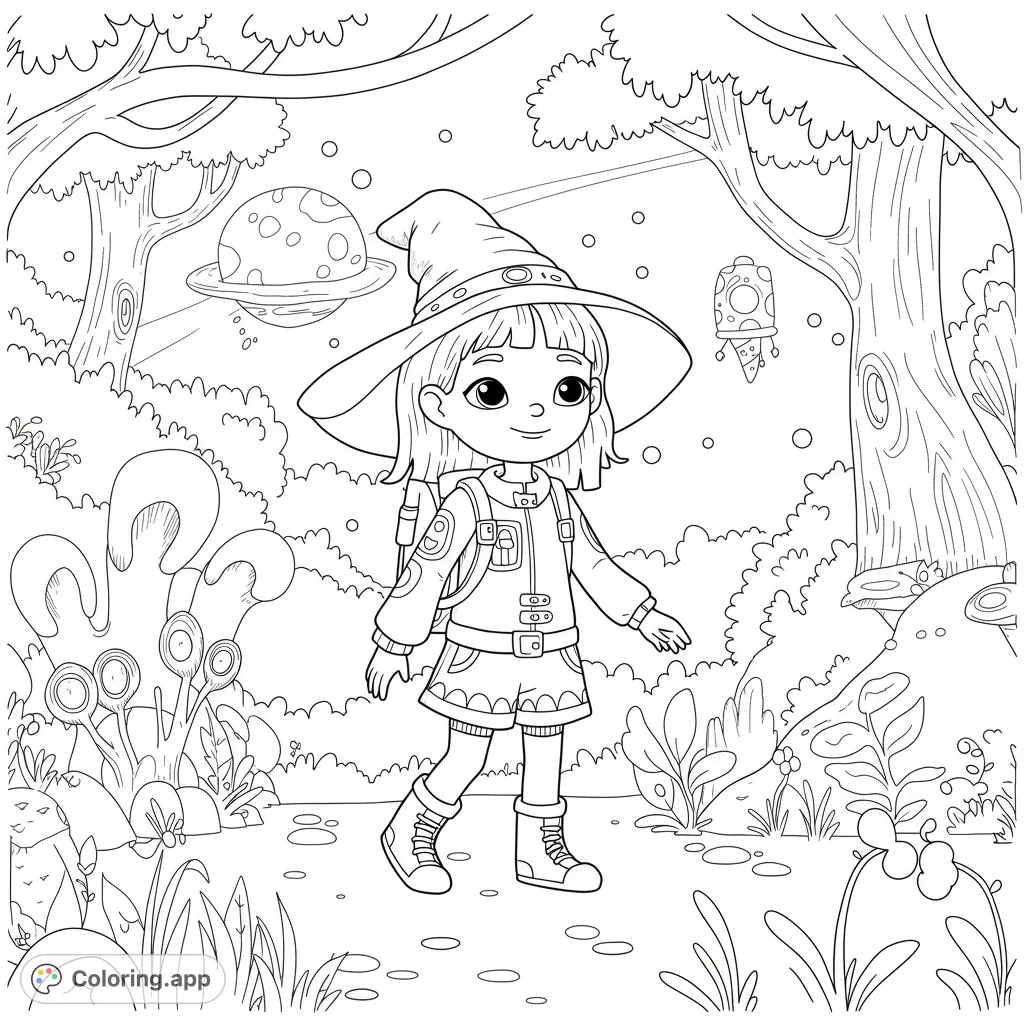 A charming space witch explores an alien forest with strange plants and a floating planet. A free printable coloring page for kids and adults.