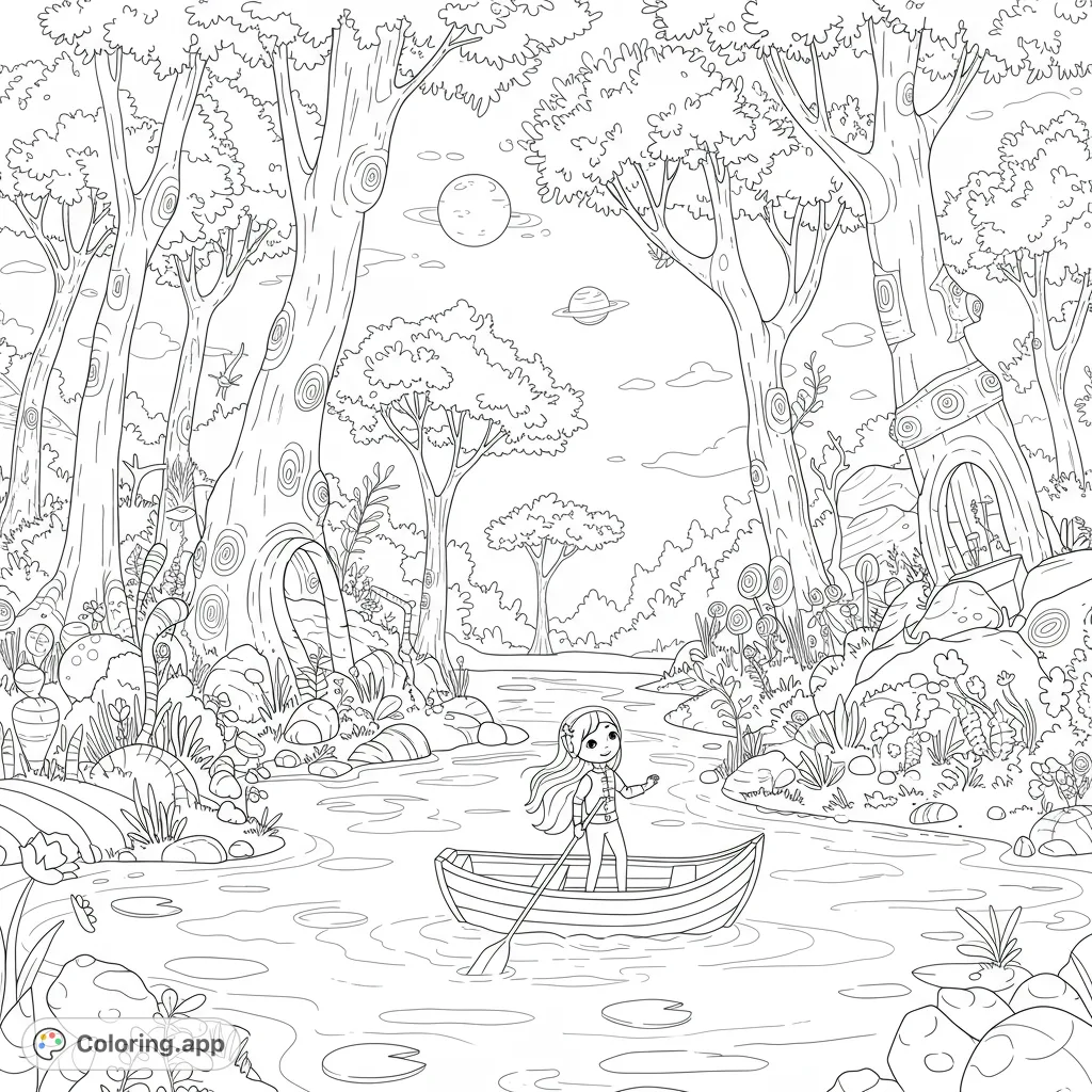 Explore a whimsical fantasy forest coloring page! A girl in a boat navigates a magical river surrounded by enchanted trees and floating planets.