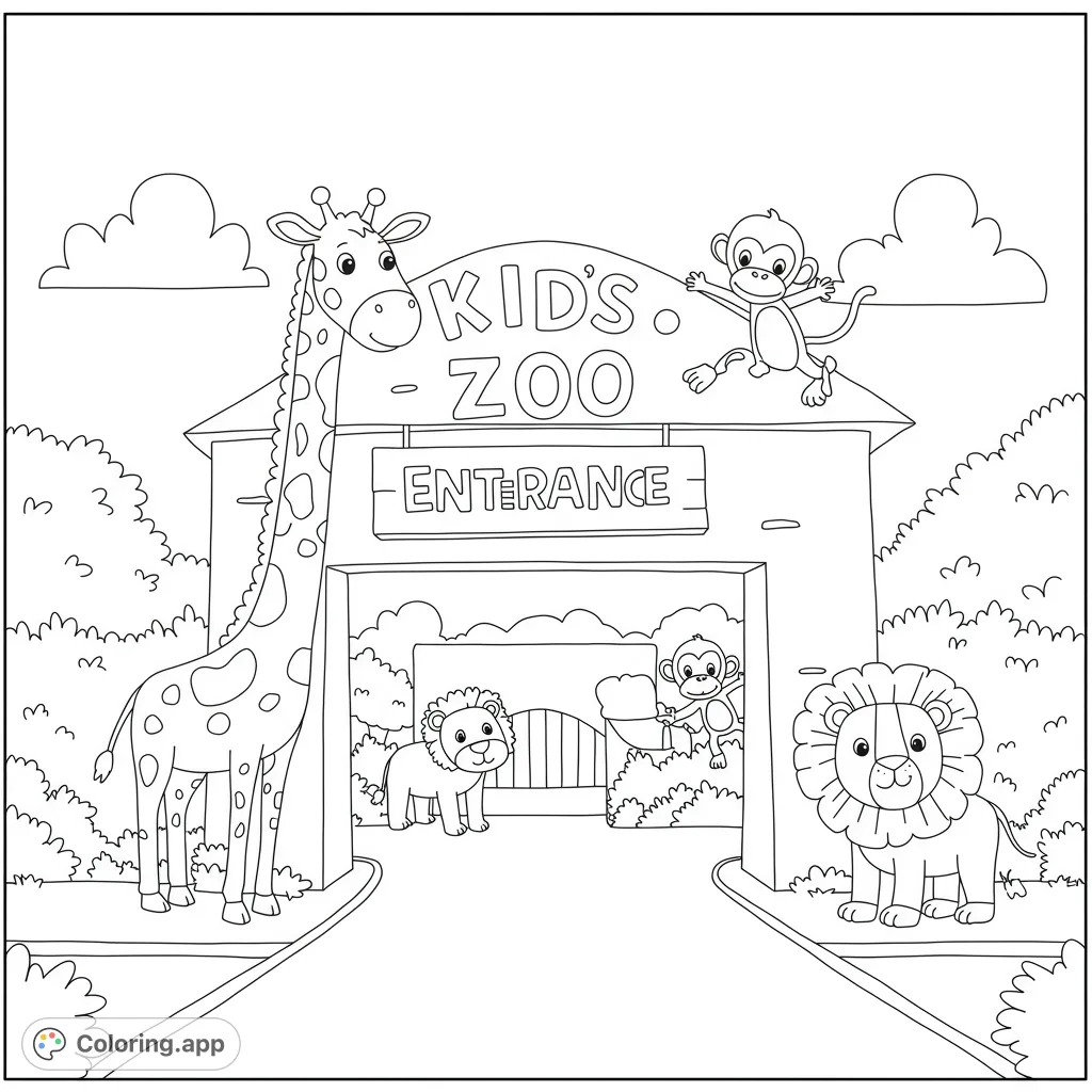 Explore a fun zoo entrance with a friendly giraffe, playful monkeys, and cute lions, ready for a vibrant coloring adventure. Perfect for animal lovers!