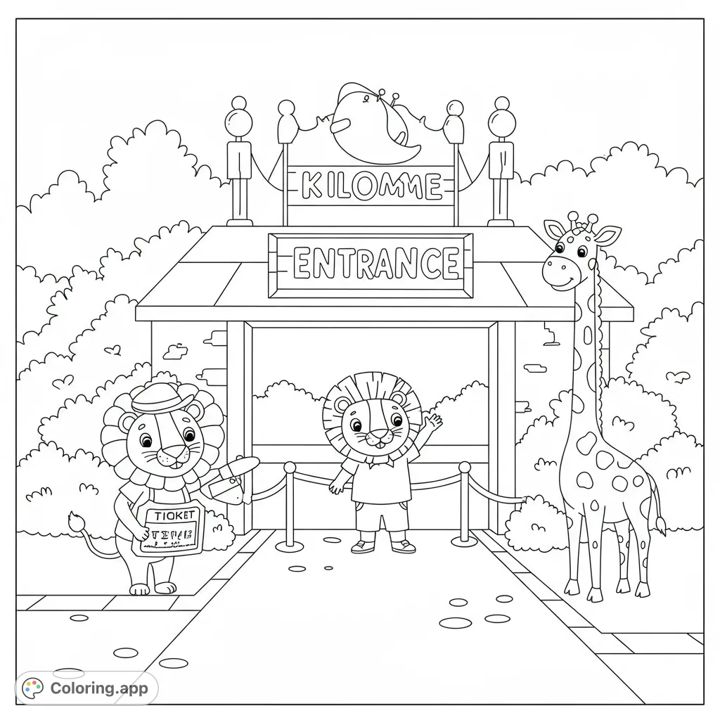 Cute lions and a giraffe greet you at the zoo entrance, ready for a fun day of coloring. A delightful animal adventure awaits!