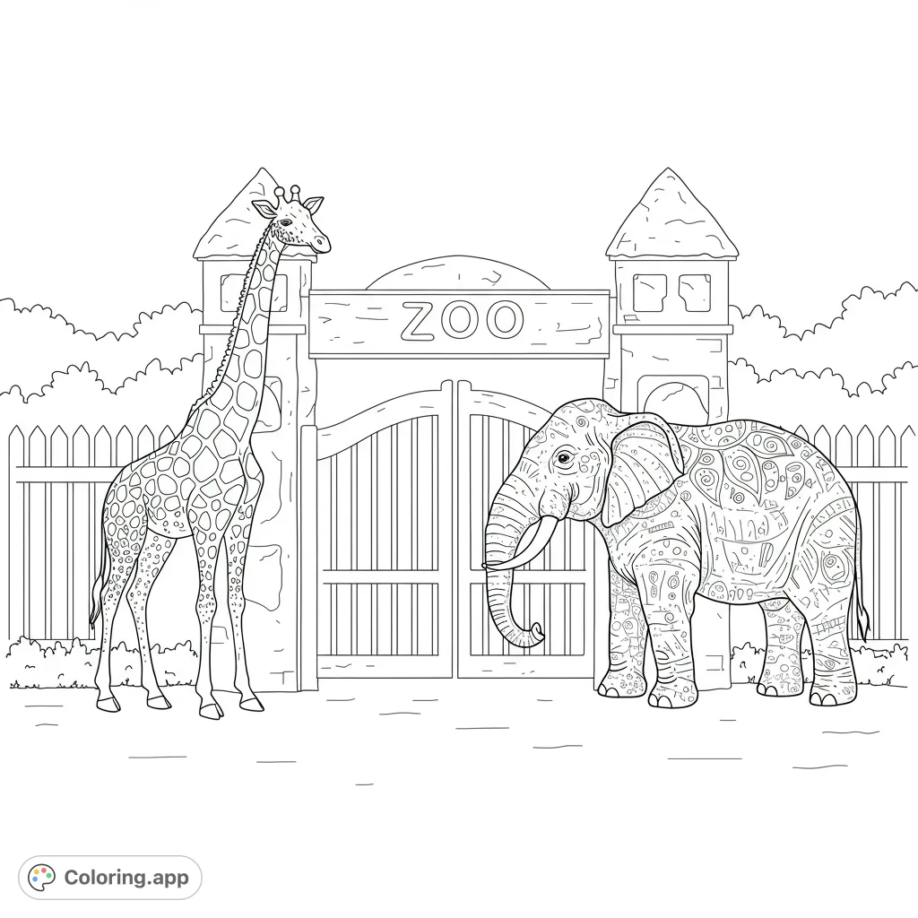 A friendly giraffe and a patterned elephant stand before a grand zoo entrance, ready for a colorful adventure. Perfect for a free printable zoo coloring page.