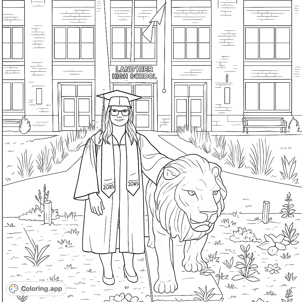 A proud graduate in cap and gown stands beside a majestic lion statue, with a classic high school building in the background. A free printable graduation coloring page.