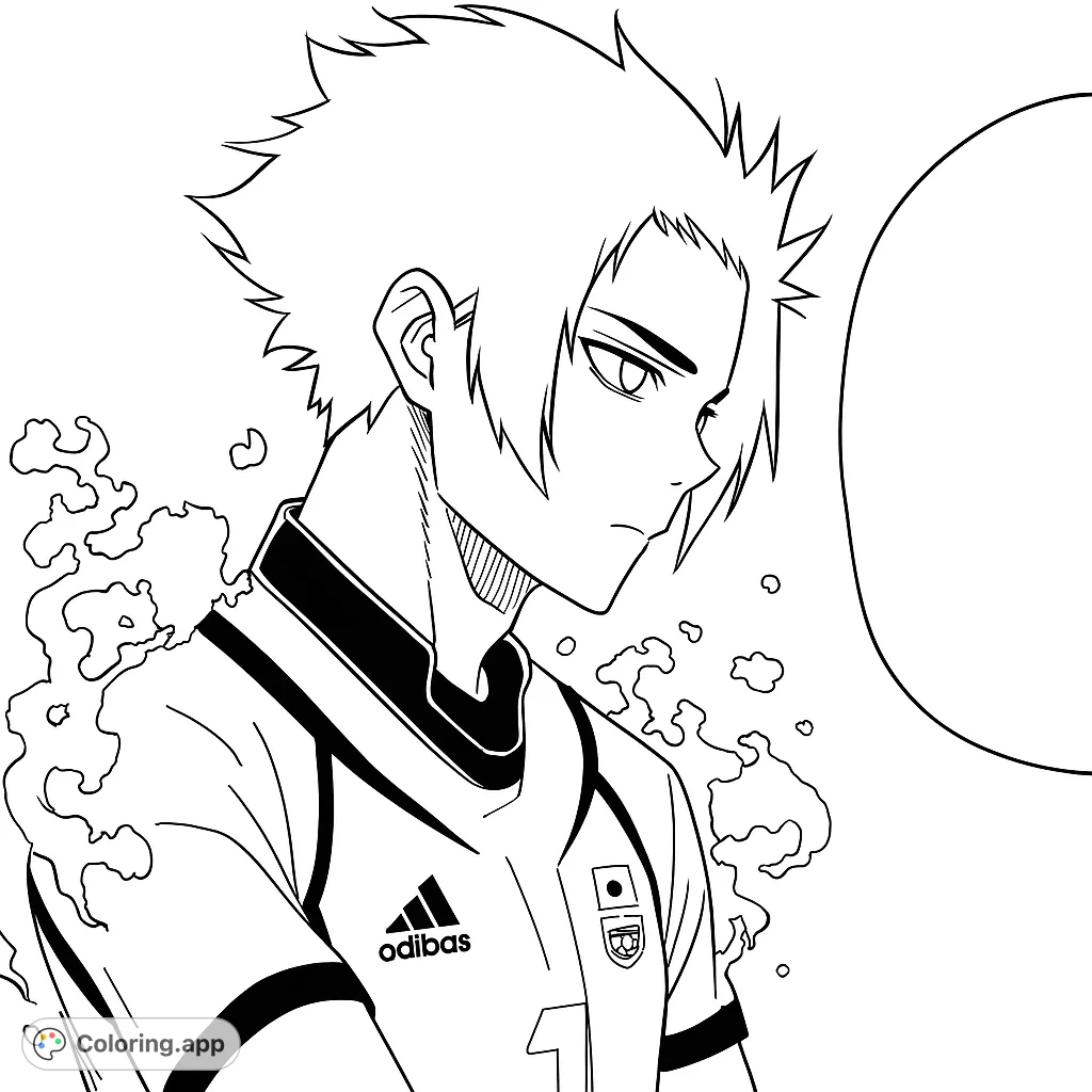 A determined anime soccer player with spiky hair and a jersey, surrounded by dynamic aura lines. A free printable anime sports coloring page for all ages.