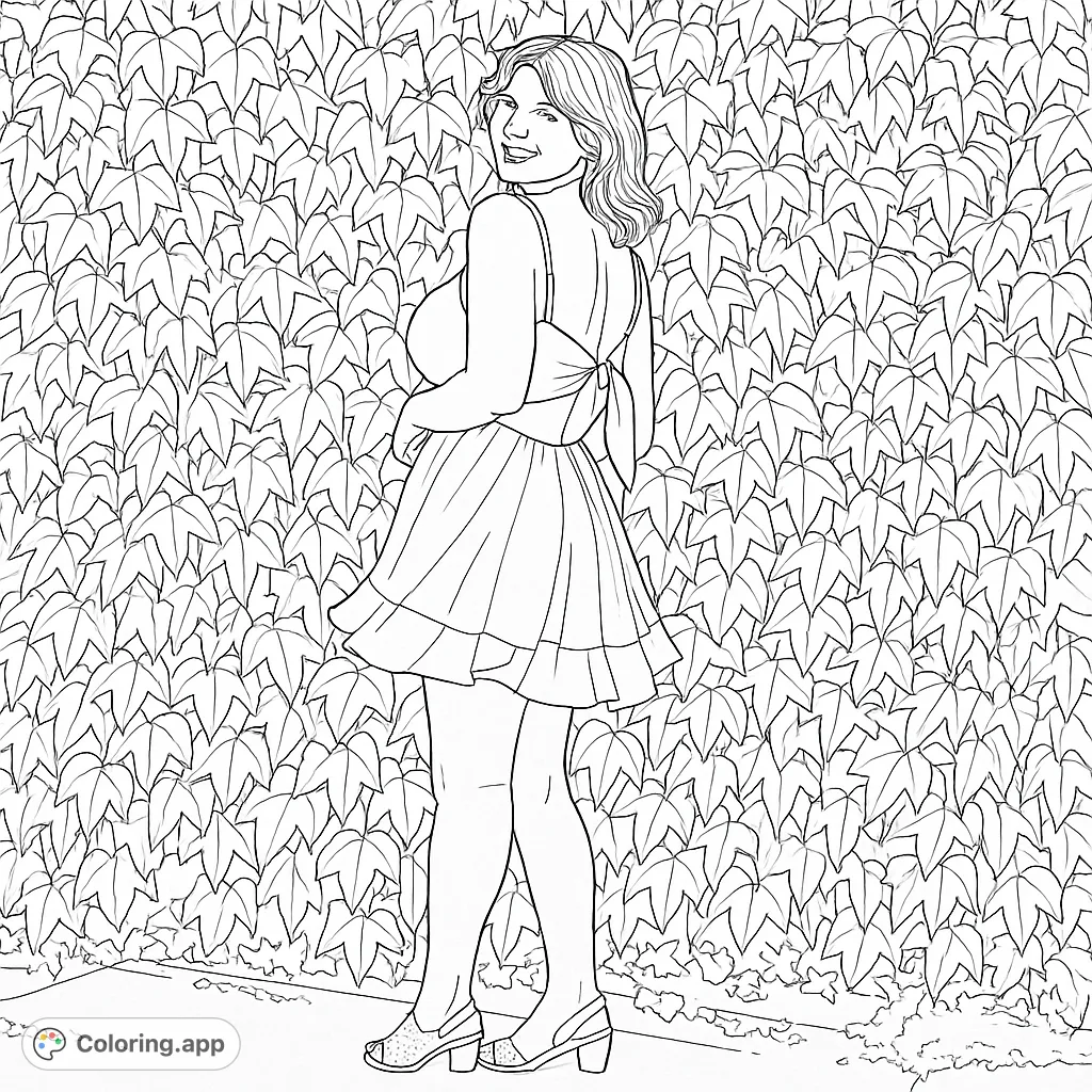 A charming woman in a summer dress smiles over her shoulder against a lush ivy wall. Perfect for a relaxing nature-themed coloring page.