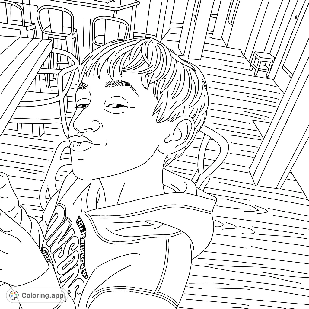 A fun, free printable coloring page featuring a young boy striking a playful pose, perfect for kids and adults to color.