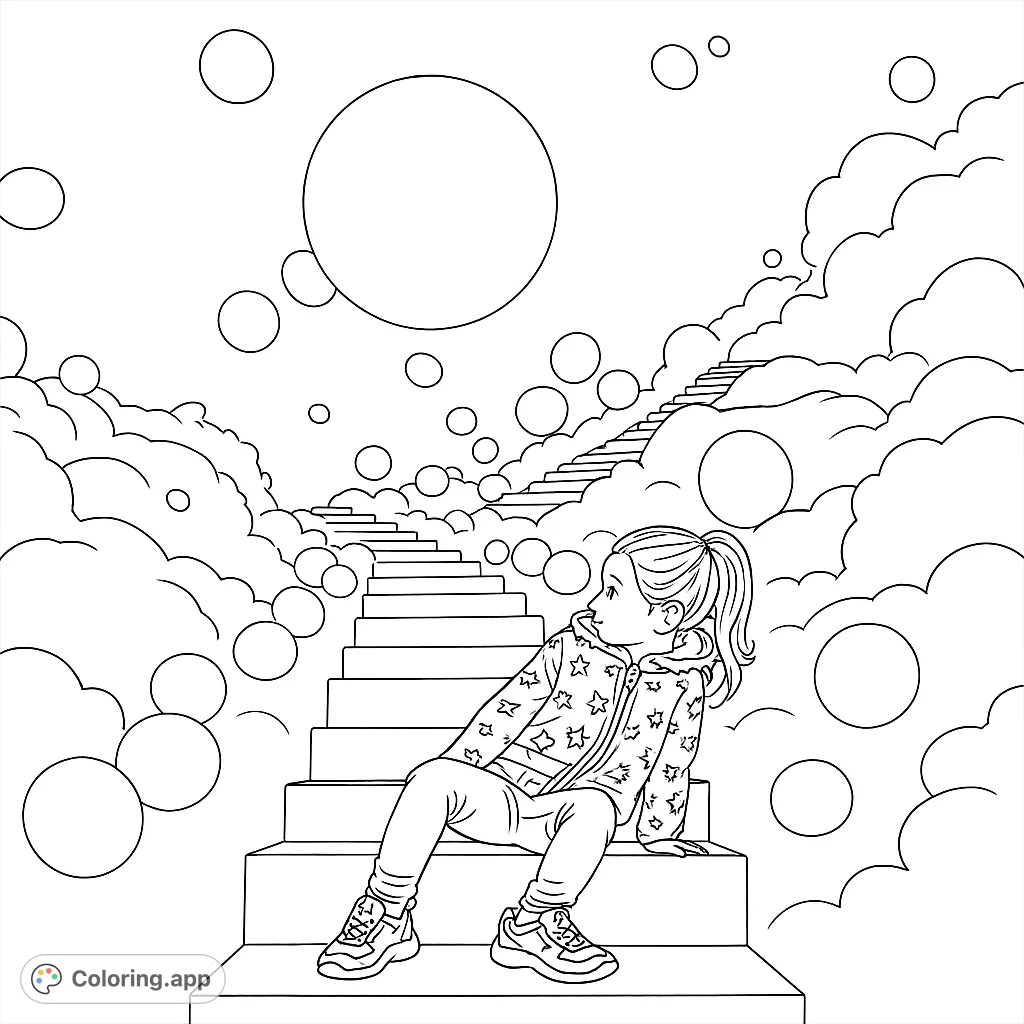 A dreamy stairway to clouds coloring page featuring a girl on steps, surrounded by floating circles. A free printable coloring page for kids and adults.