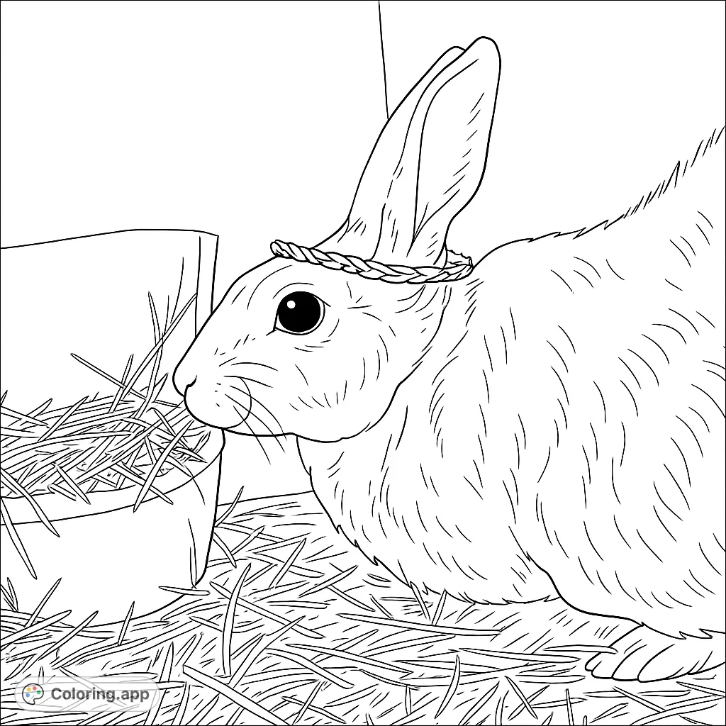 A charming rabbit with a braided wreath on its head, nestled in hay next to a feeder. A delightful free printable rabbit coloring page for all ages.