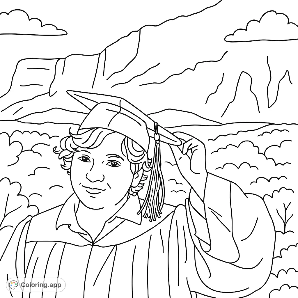 Celebrate success with this graduation portrait coloring page! Features a smiling graduate in cap and gown, set against a scenic mountain backdrop.