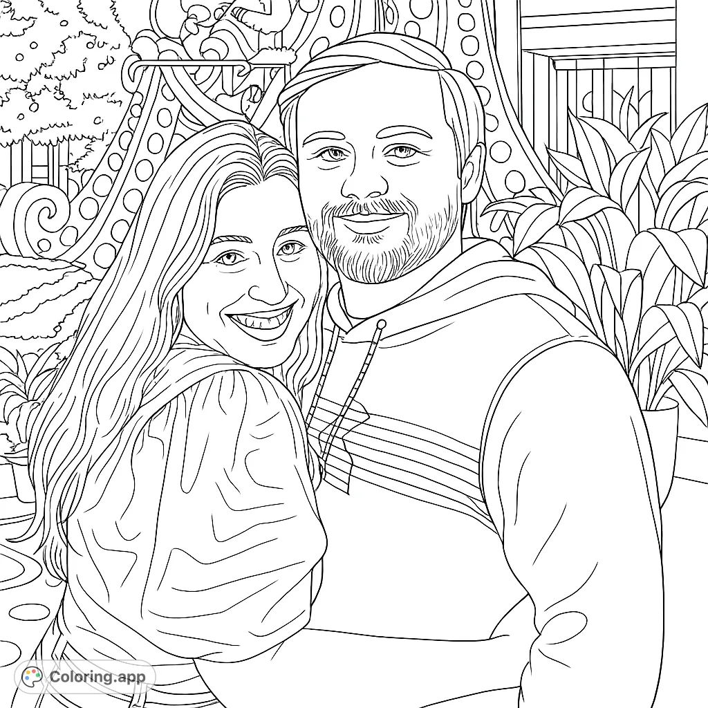 A heartwarming couple's portrait, perfect for personalizing. Features a smiling man and woman embracing in a vibrant setting. A free printable coloring page.