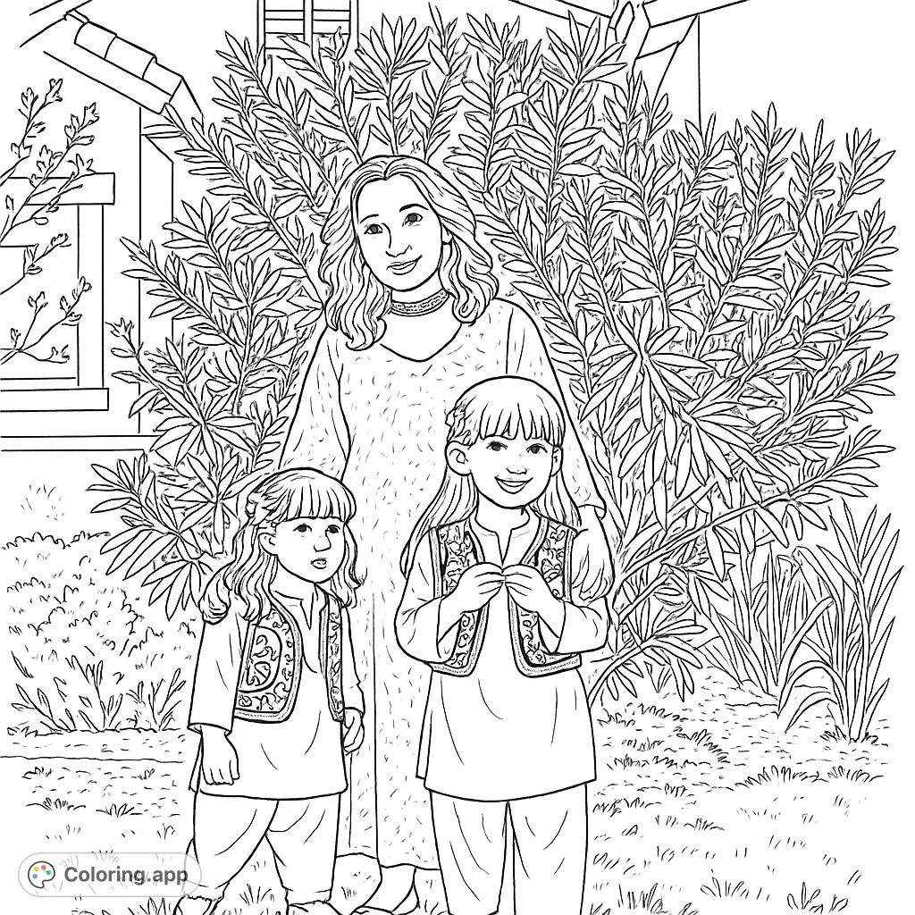 A heartwarming family portrait featuring a woman and two girls in traditional attire, set against a lush garden backdrop. Perfect for cultural exploration.