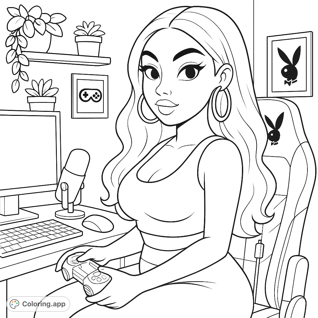 A stylish gamer girl with long, wavy hair, holding a controller at her desk with a monitor, microphone, and potted plants. Perfect for gaming enthusiasts.