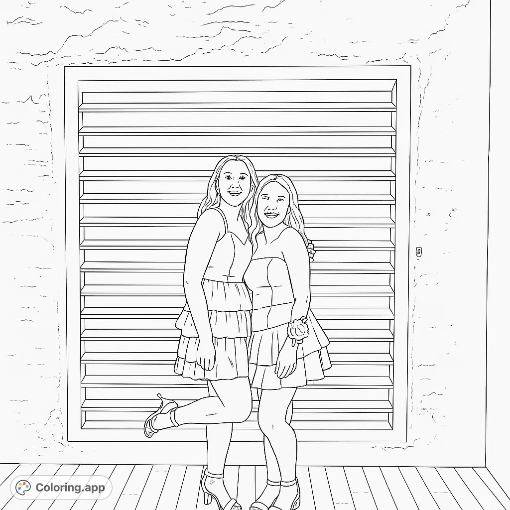 Two smiling women in tiered dresses pose before a louvered window. A free printable friendship coloring page for all ages.