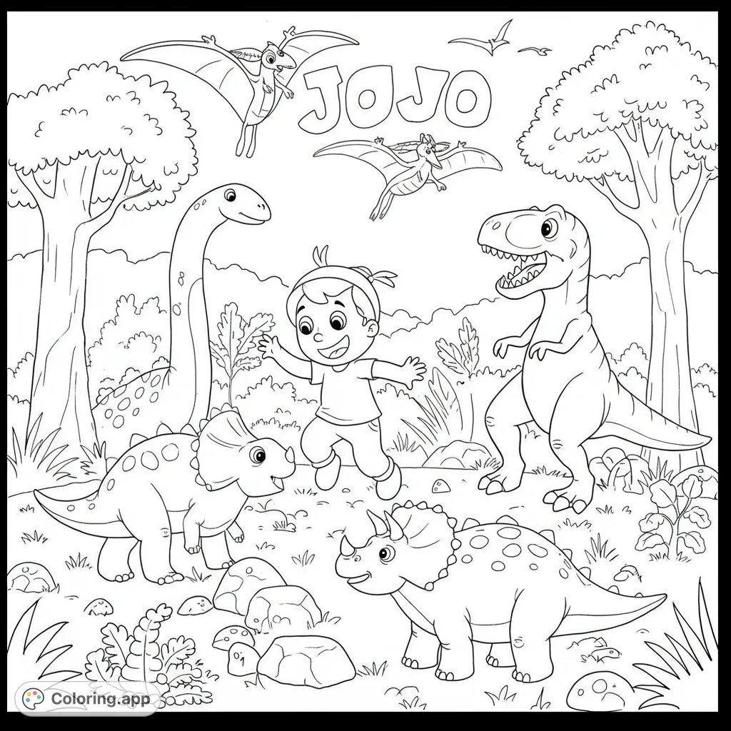 A joyful child plays with friendly dinosaurs in a prehistoric jungle. A fun, free printable dinosaur coloring page for kids!