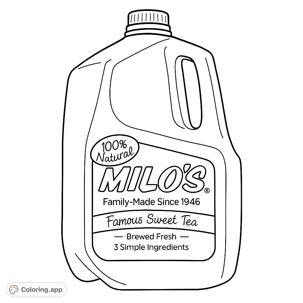 A classic sweet tea jug line art, perfect for a refreshing coloring experience. Customize the label and liquid for a personalized beverage scene.