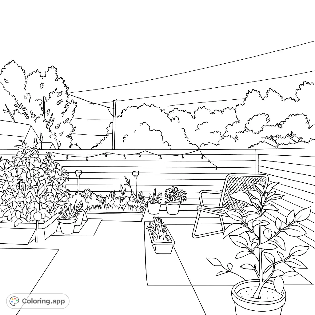 Explore a charming patio garden coloring page featuring lush plants, a cozy chair, and string lights, perfect for relaxation and creativity.