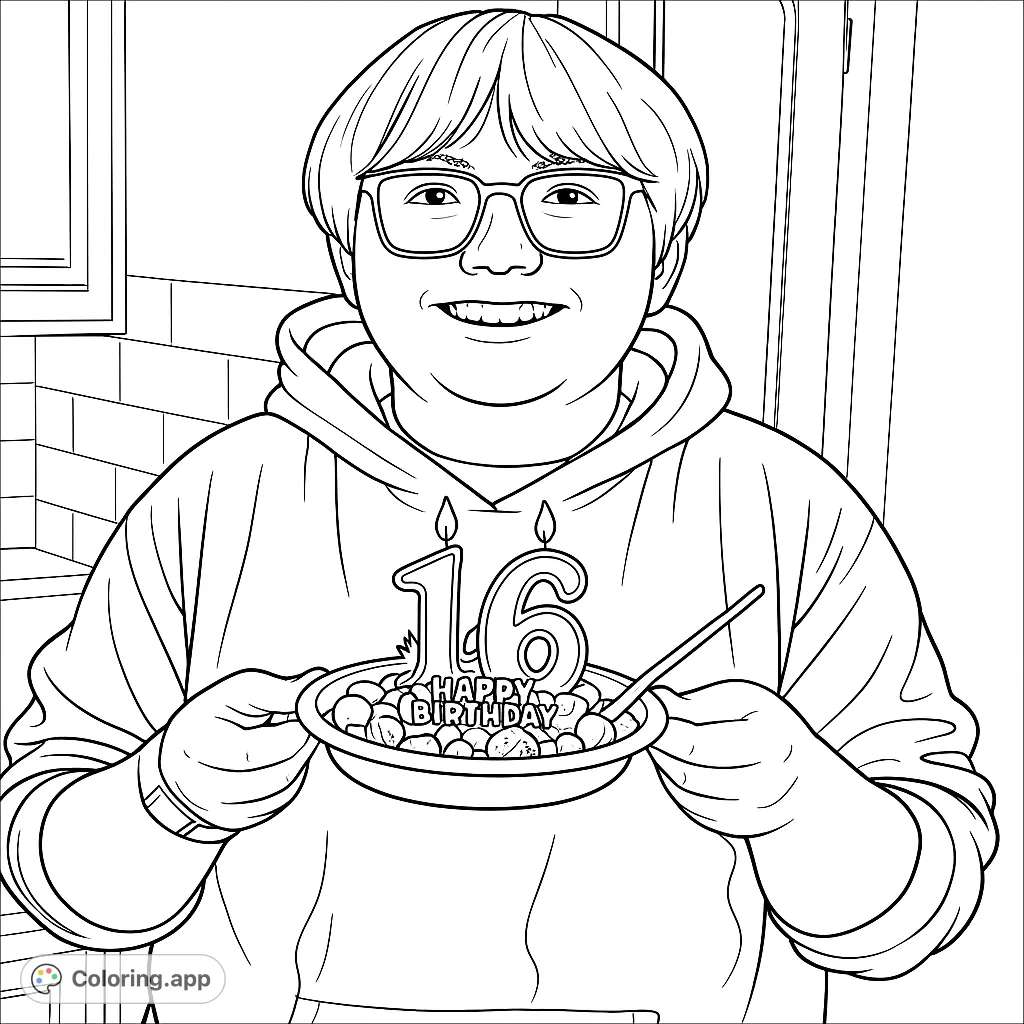 Celebrate a sweet 16th birthday! A smiling person holds a bowl with '16' candles and 'Happy Birthday' banner, perfect for a personalized birthday coloring page.