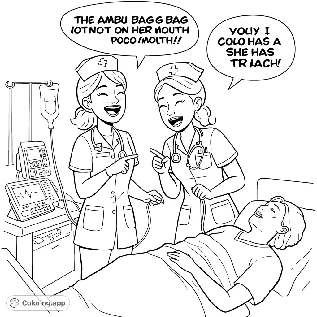 A detailed hospital scene featuring two smiling nurses attending to a patient, surrounded by medical equipment. A free printable healthcare coloring page.