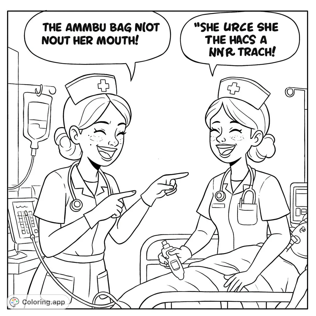 A lively medical scene featuring two smiling nurses and a patient, perfect for a free printable healthcare coloring page.