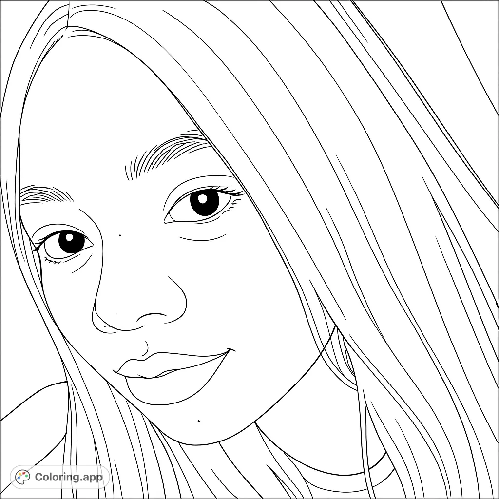A beautiful portrait of a young woman with long hair and a gentle smile, perfect for a free printable coloring page. A captivating face coloring page.