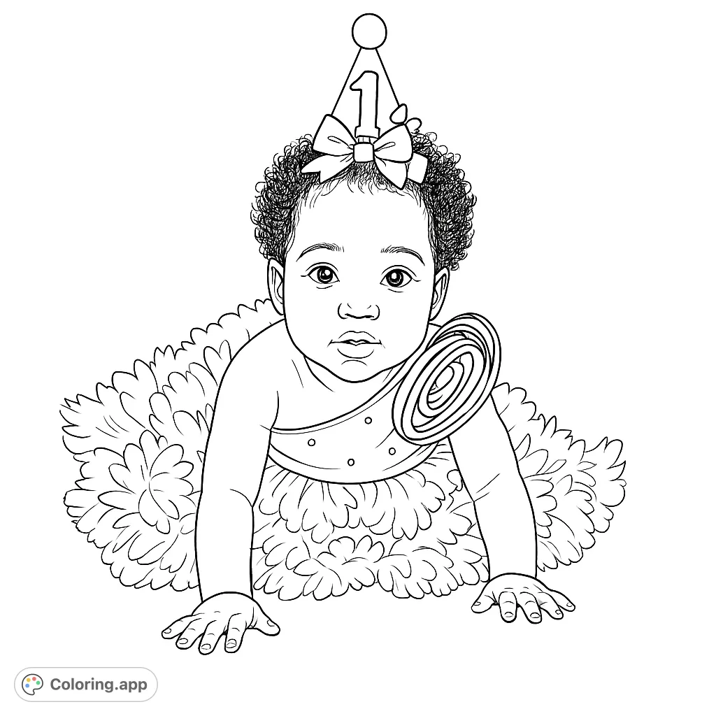 Celebrate a milestone with this adorable baby coloring page! Features a cute baby in a party hat and fluffy tutu, perfect for young colorists.