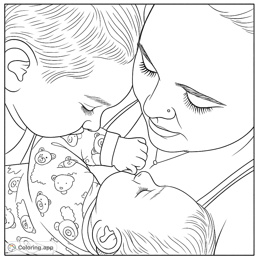 Capture the warmth of family love with this intimate coloring page featuring a mother, child, and baby. A heartwarming scene for all ages.