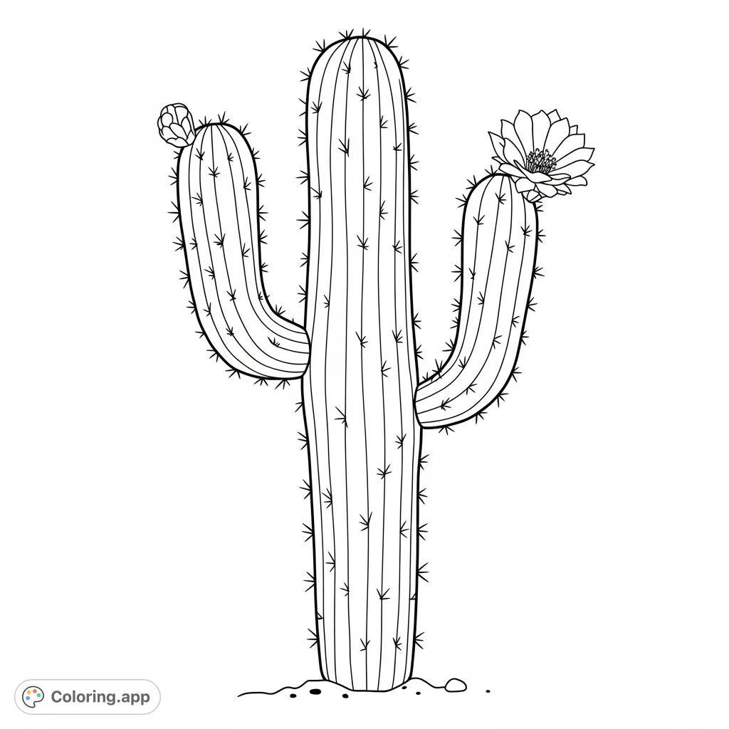 A majestic saguaro cactus with a vibrant bloom and a budding flower, perfect for a desert-themed coloring adventure. A free printable coloring page.