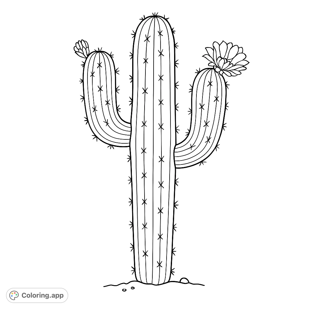 A charming saguaro cactus with two blooming flowers, perfect for a relaxing desert-themed coloring page. Free printable for all ages!