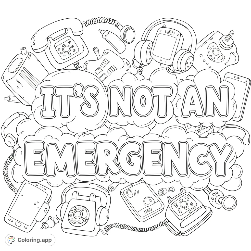 A fun communication device coloring page featuring vintage and modern tech surrounding the phrase 'IT'S NOT AN EMERGENCY' amidst playful clouds.