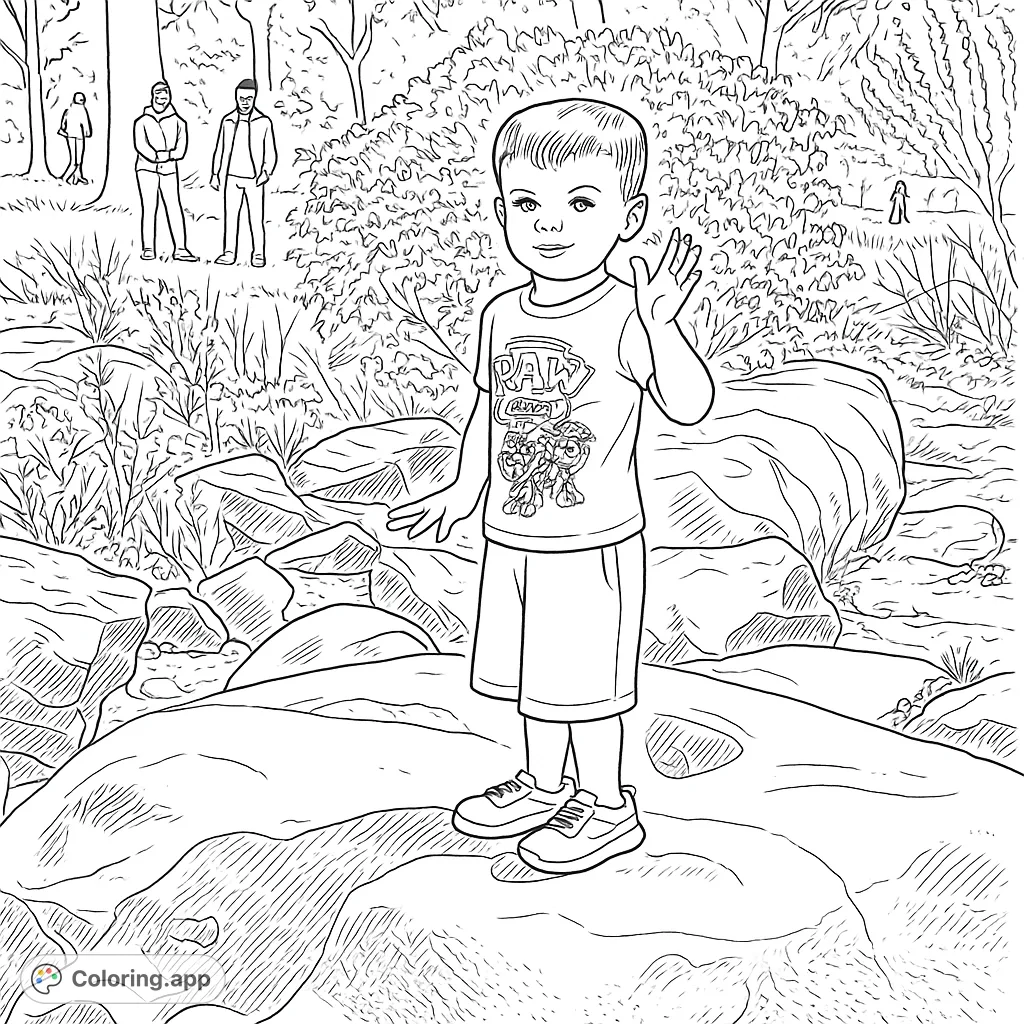 A cheerful boy waves from textured rocks in a vibrant outdoor scene, surrounded by lush foliage and distant figures. A free printable nature coloring page.