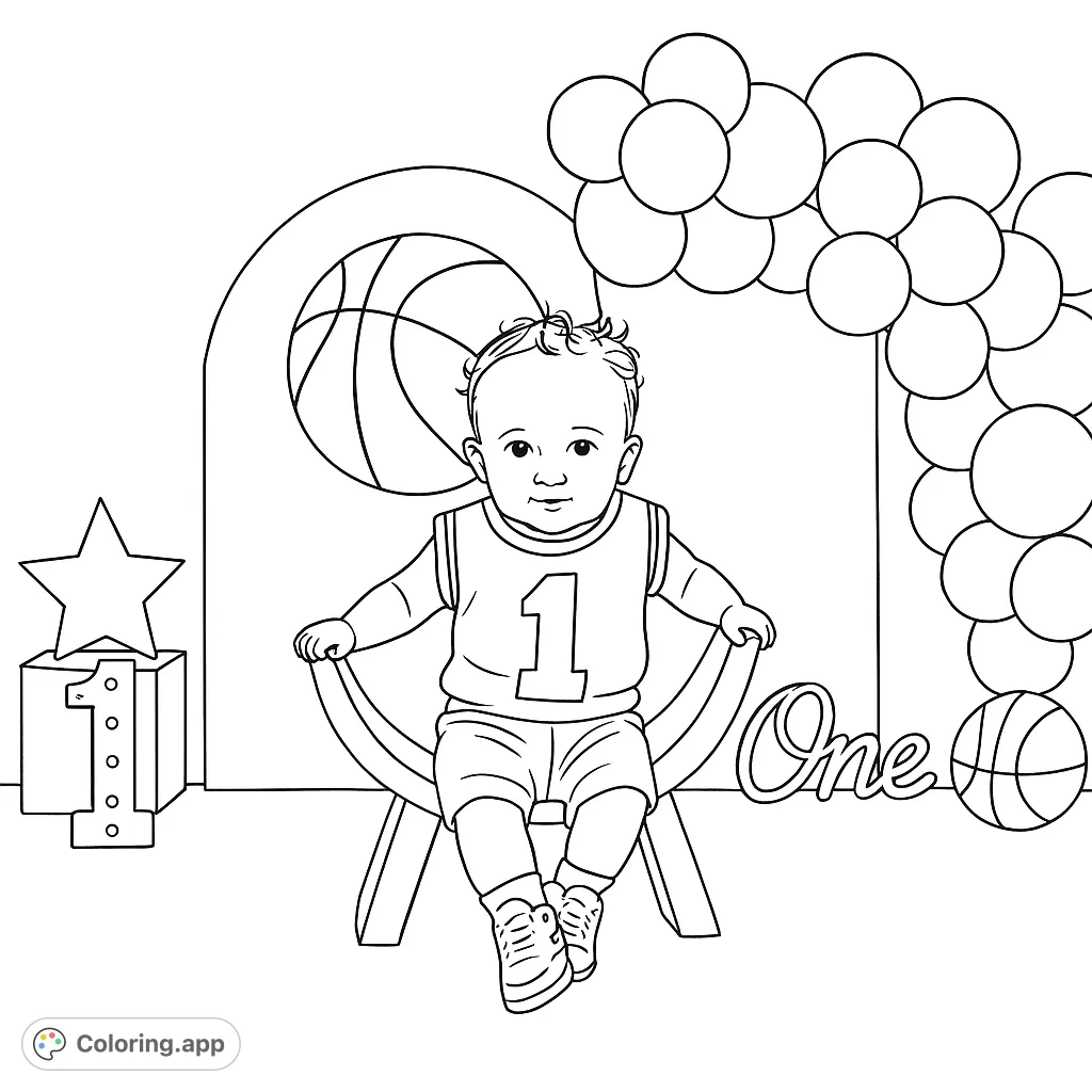 Celebrate a baby's first birthday with this adorable basketball-themed coloring page. Features a cute baby in a jersey, balloons, and hoops elements.
