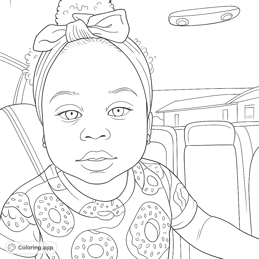 Adorable baby in a car, wearing a fun donut shirt and a cute bow. A delightful free printable baby coloring page for kids and adults to enjoy.