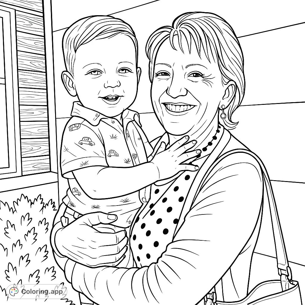 A heartwarming family coloring page featuring a smiling grandmother embracing her joyful grandchild. Perfect for celebrating family bonds.