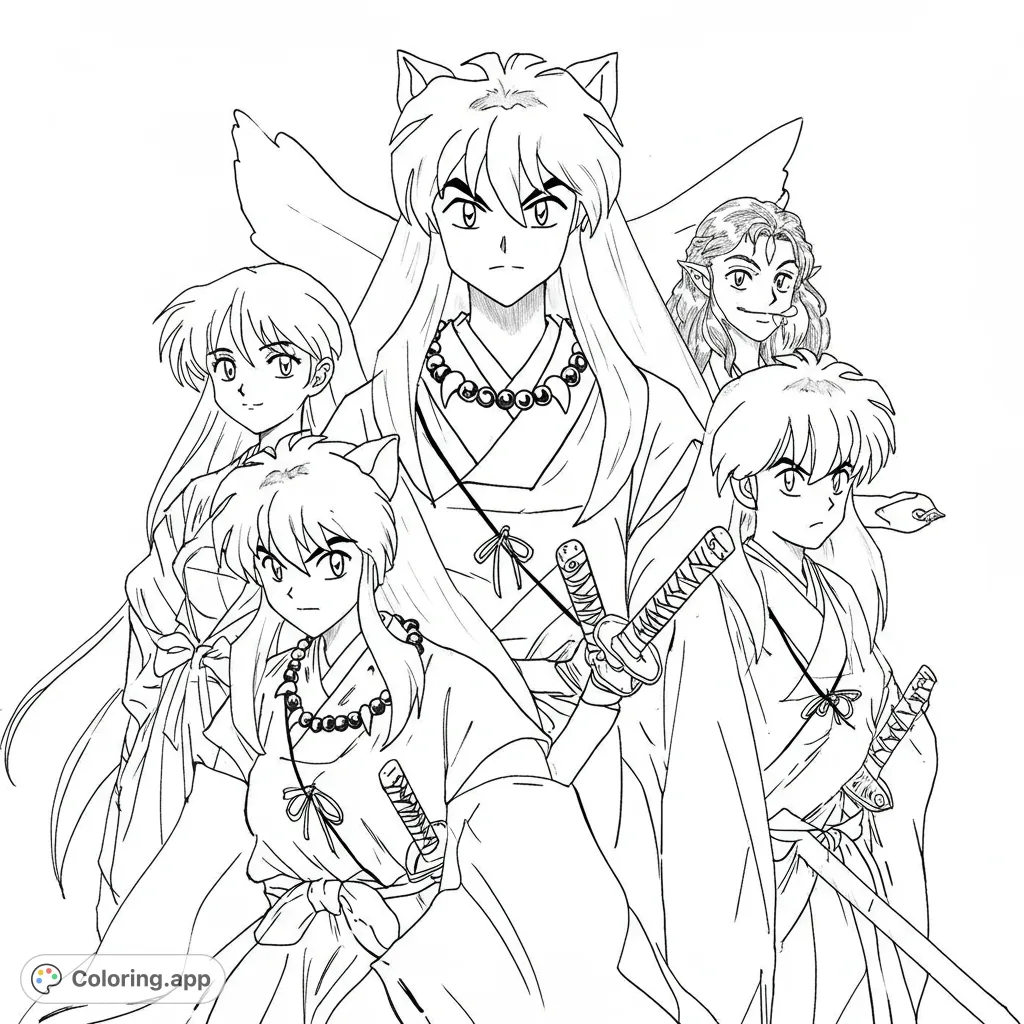 Dynamic anime group portrait featuring iconic fantasy characters with swords and traditional attire, perfect for fans to color and enjoy.