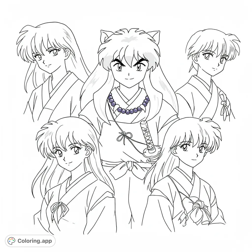 Dynamic anime character group featuring a central hero with a sword and four companions in traditional Japanese attire, perfect for fantasy fans.