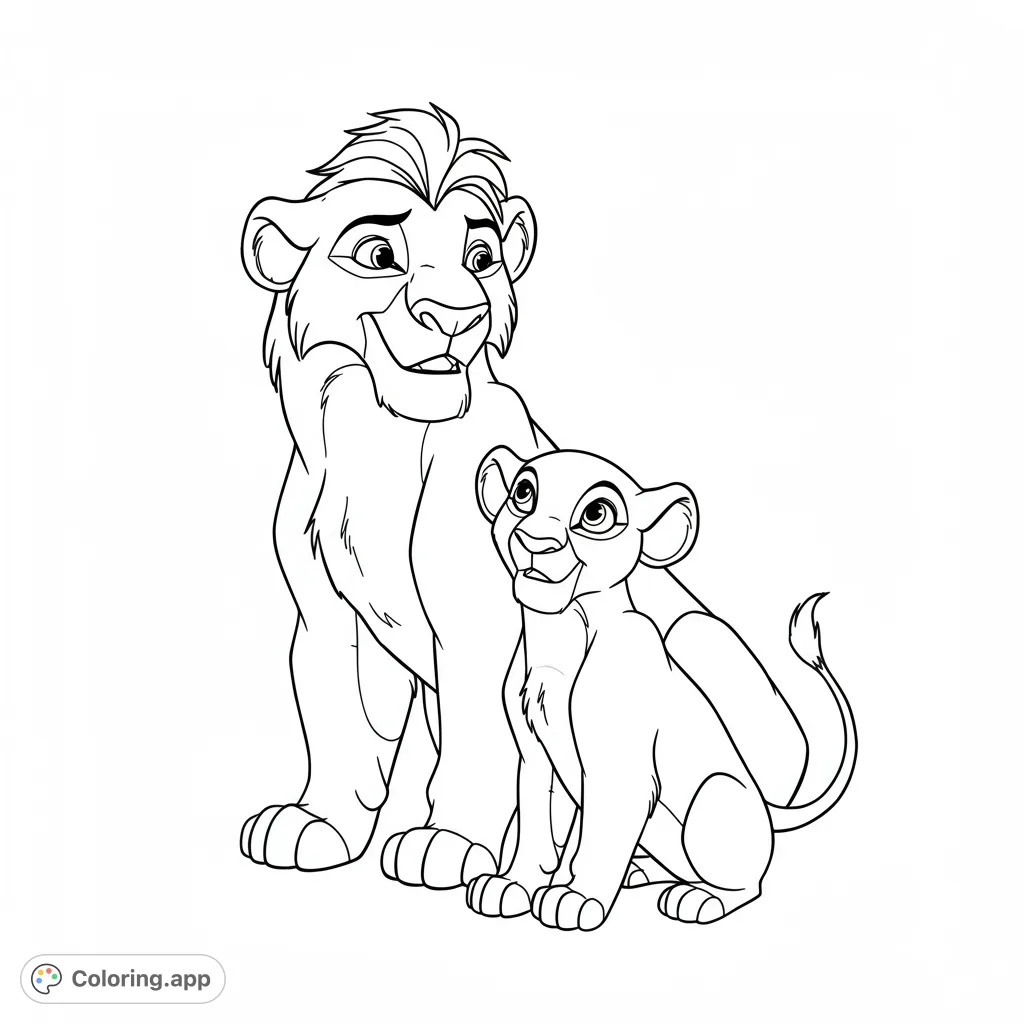A heartwarming lion family coloring page featuring a proud adult lion and an adorable cub. Perfect for animal lovers and all ages.
