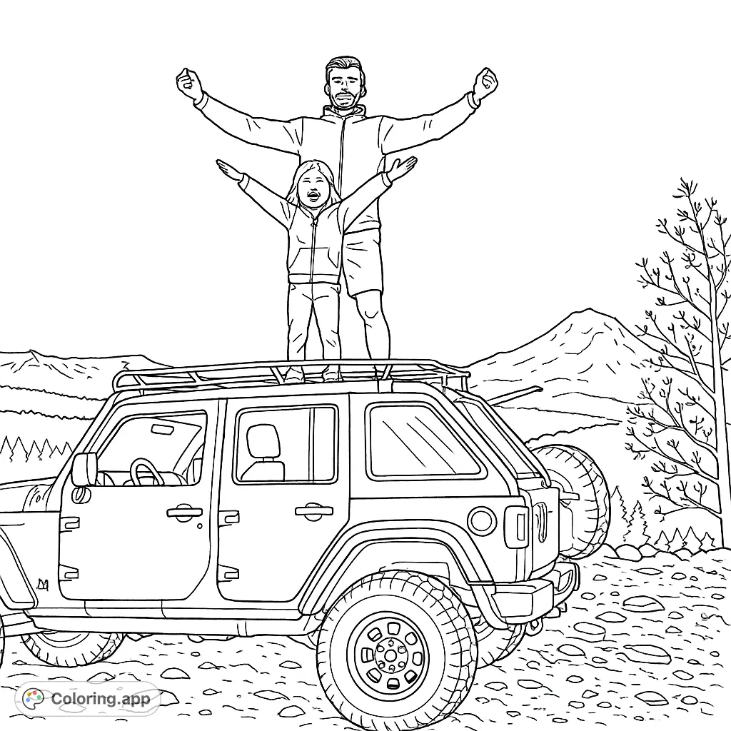 Celebrate adventure with this free printable off-road jeep coloring page featuring a father and child triumphantly standing on their 4x4 amidst scenic mountains.