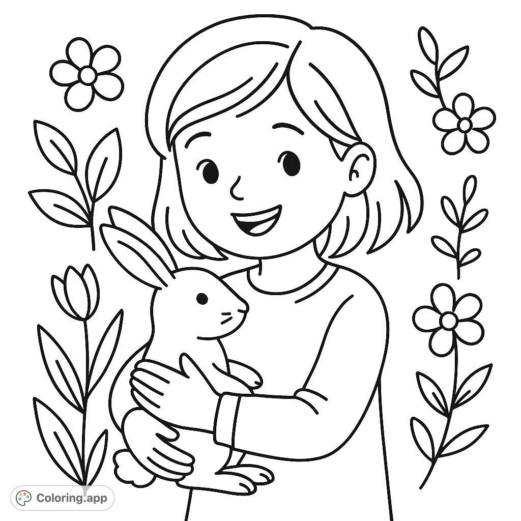 A sweet girl gently holds her pet bunny, surrounded by simple flowers. A charming animal coloring page, perfect for free printable coloring page fun!