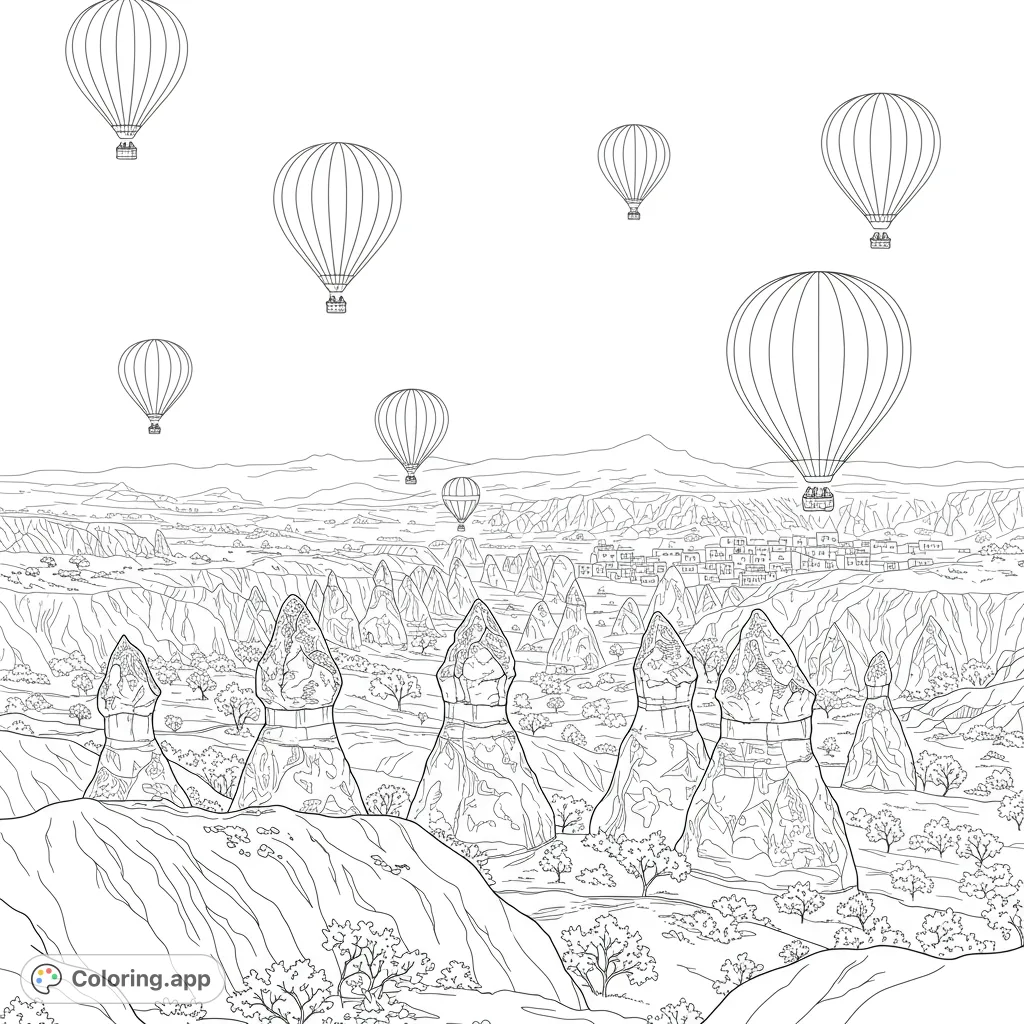 Soar above Cappadocia's fairy chimneys with hot air balloons. A detailed landscape coloring page for all ages, perfect for a relaxing escape.