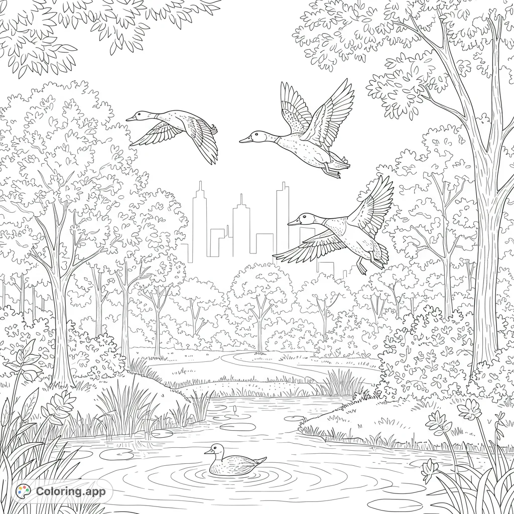 A serene city park scene featuring graceful ducks in flight over a tranquil pond, surrounded by lush trees and a distant urban skyline.