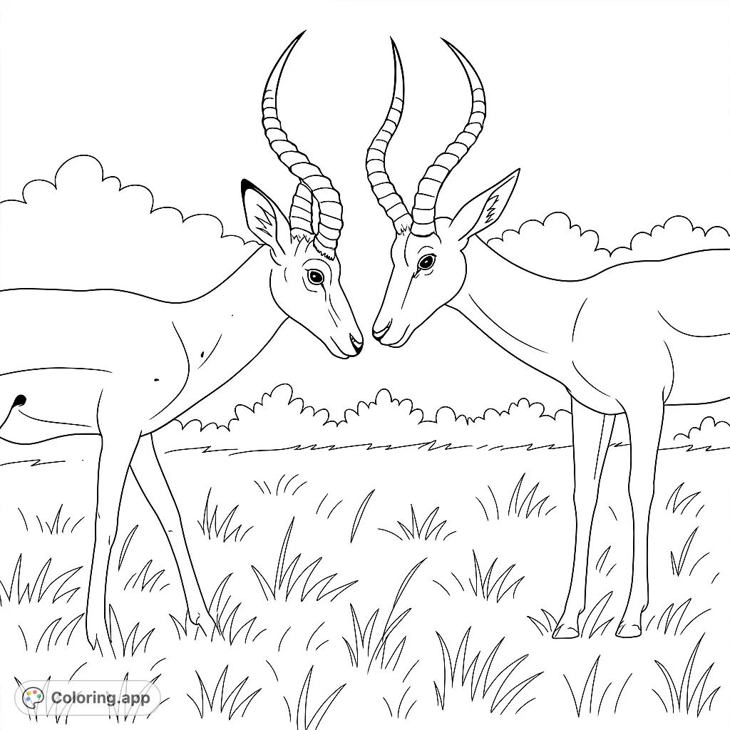 Discover a stunning impala coloring page featuring two antelopes with magnificent spiraled horns in a grassy savanna. Perfect for wildlife enthusiasts.