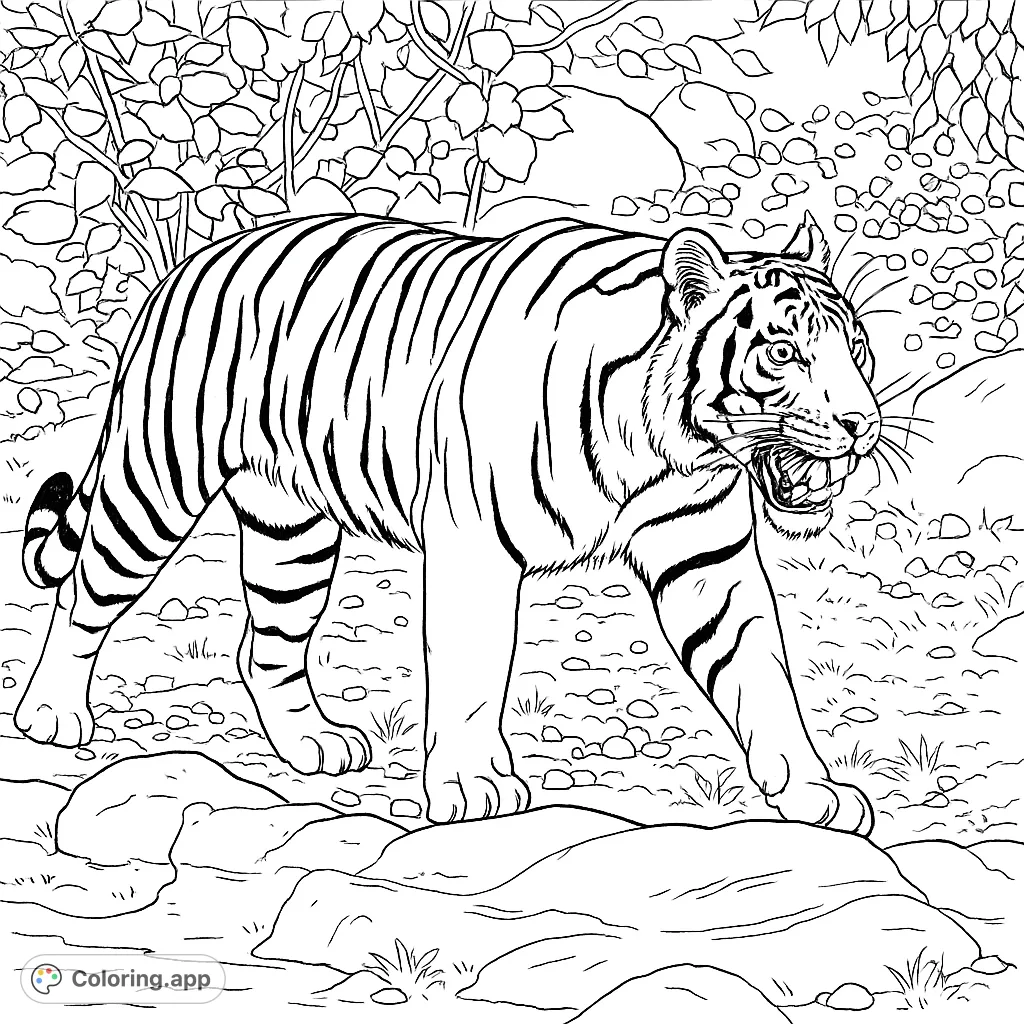 A powerful tiger prowls through a detailed jungle, its stripes and fierce expression ready for vibrant colors. A free printable tiger coloring page.