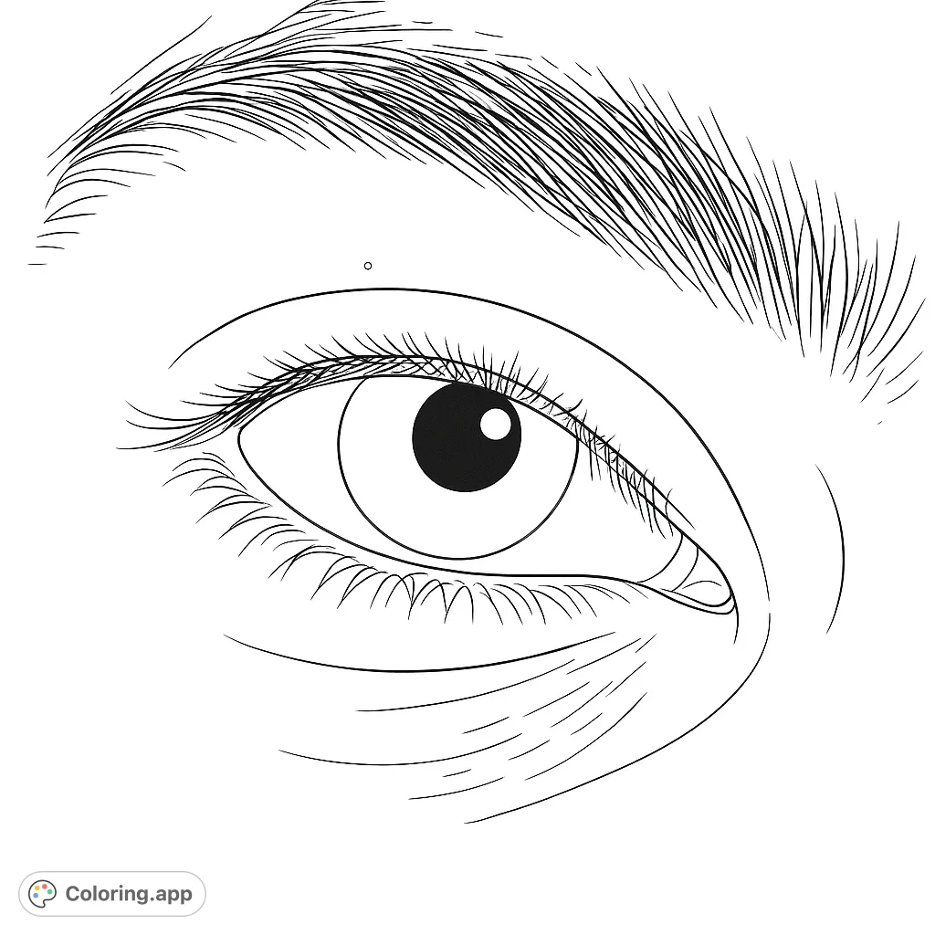 Explore the intricate beauty of a human eye. This detailed free printable coloring page features delicate lashes, a defined iris, and a textured eyebrow.