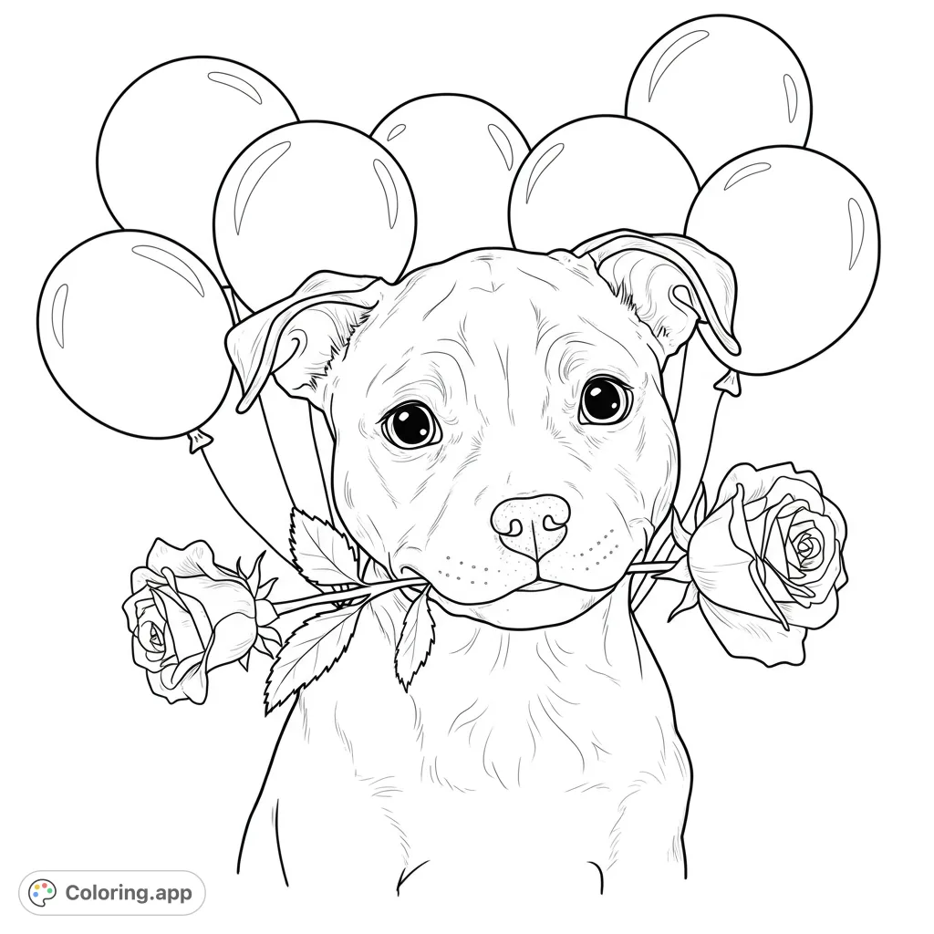 A heartwarming puppy holding roses, surrounded by balloons. This adorable puppy coloring page is a free printable coloring page, perfect for all ages.