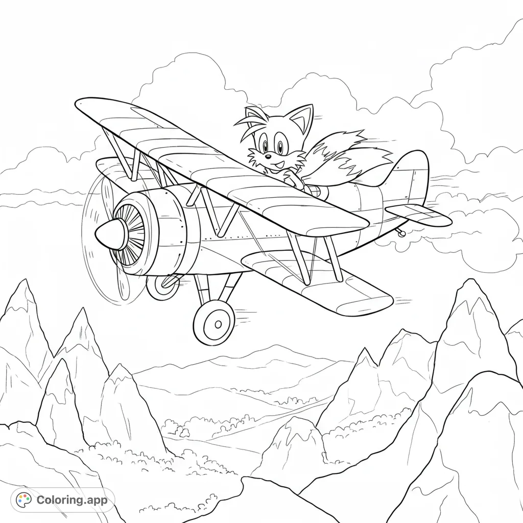 Join Tails on an aerial adventure! This free printable coloring page features the beloved character piloting his biplane over majestic mountains and fluffy clouds.