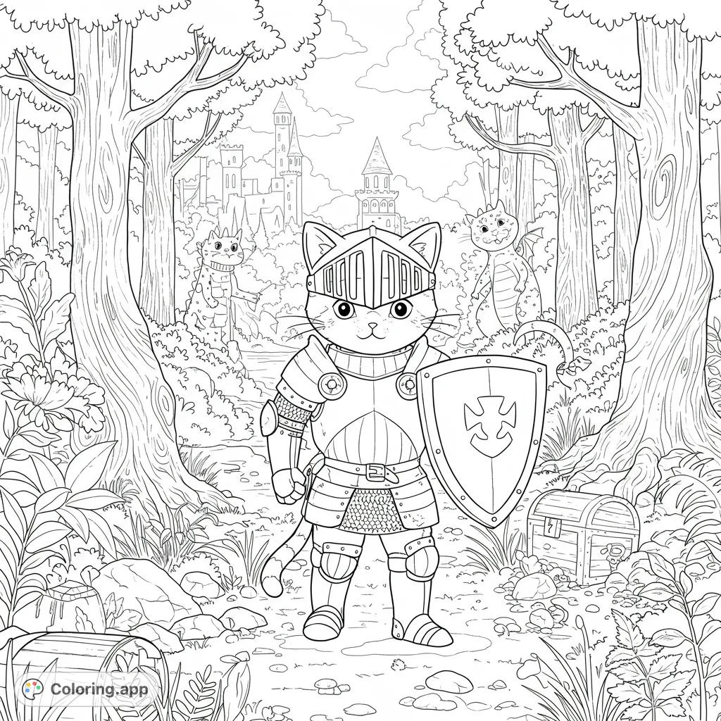 A brave cat knight in full armor with shield stands in an enchanted forest, featuring friendly dragons, a distant castle, and hidden treasure.