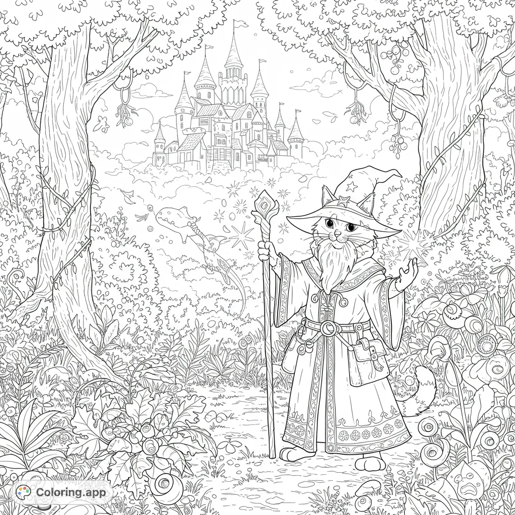 A majestic cat wizard stands in an enchanted forest path, staff in hand, with a grand, multi-turreted castle rising majestically in the magical background.